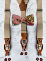 Oatmeal Leather Trim Suspenders & Linen/Cotton Floral Bow Tie Set