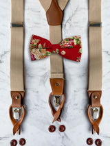 Oatmeal Leather Trim Suspenders & Linen/Cotton Floral Bow Tie Set