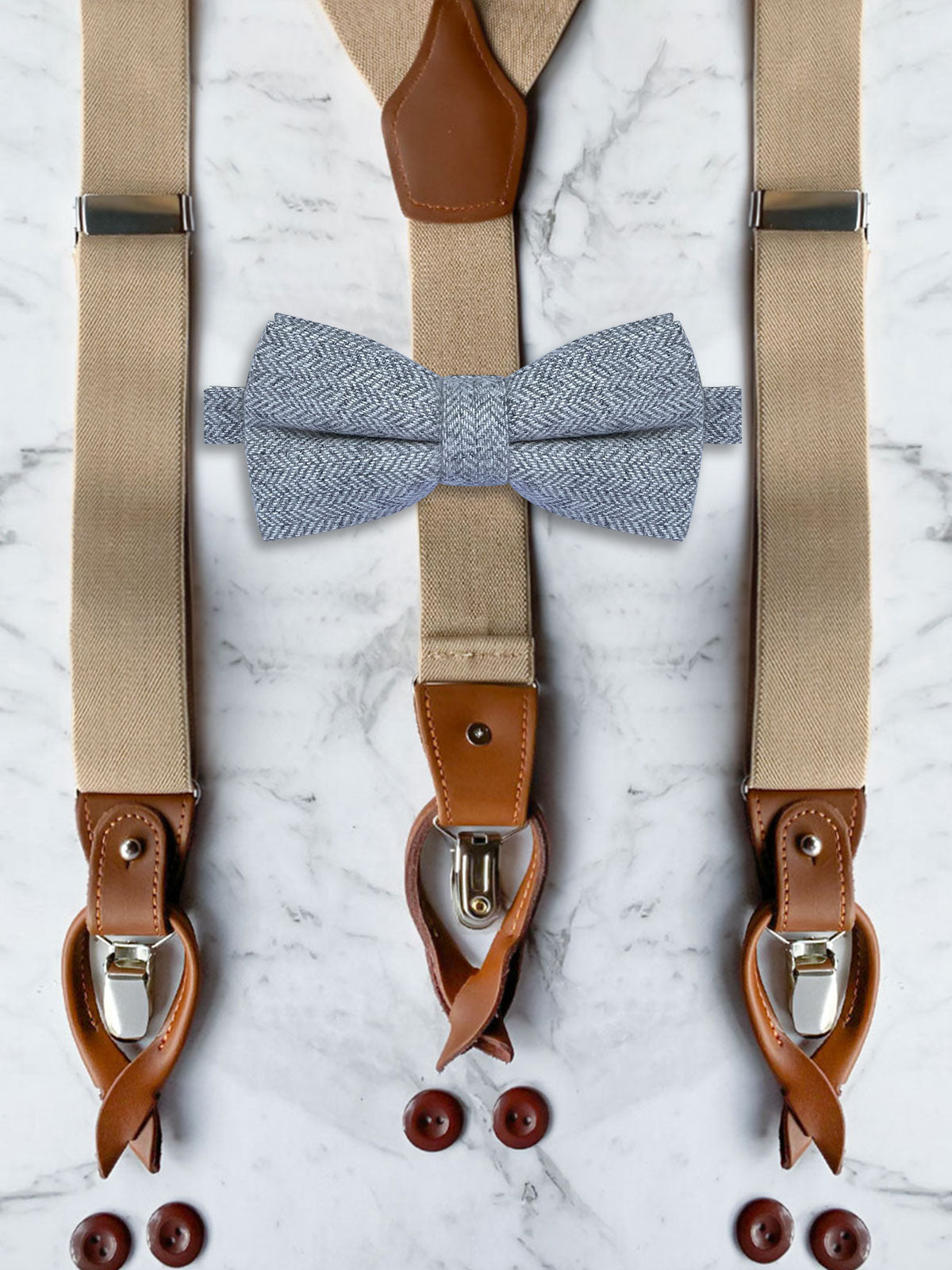 Oatmeal Leather Trim Suspenders & Wool Bow Tie Set
