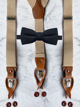 Oatmeal Leather Trim Suspenders & Wool Bow Tie Set