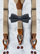 Oatmeal Leather Trim Suspenders & Wool Bow Tie Set