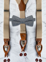 Oatmeal Leather Trim Suspenders & Wool Bow Tie Set