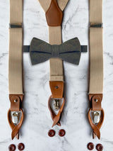Oatmeal Leather Trim Suspenders & Wool Bow Tie Set
