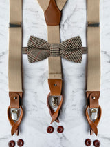 Oatmeal Leather Trim Suspenders & Wool Bow Tie Set