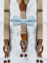 Oatmeal Leather Trim Suspenders & Wool Bow Tie Set