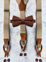 Oatmeal Leather Trim Suspenders & Wool Bow Tie Set
