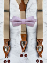 Oatmeal Leather Trim Suspenders & Wool Bow Tie Set