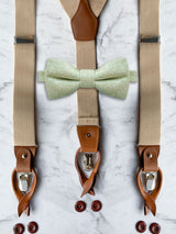 Oatmeal Leather Trim Suspenders & Wool Bow Tie Set