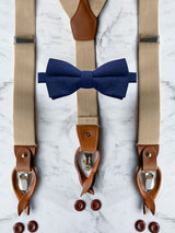 Oatmeal Leather Trim Suspenders & Wool Bow Tie Set