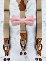 Oatmeal Leather Trim Suspenders & Wool Bow Tie Set