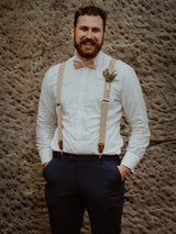 Oatmeal Leather Trim Suspenders, Wooden Bowtie & Cufflinks Set
