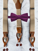 Oatmeal Leather Trim Suspenders & Wool Bow Tie Set