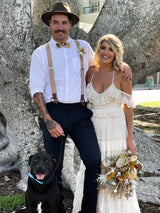 Oatmeal Leather Trim Clip/Button Convertible Suspenders