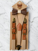 Kids Oatmeal Wooden Bow Tie, Suspenders & Brooch Set