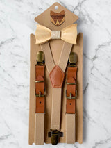 Kids Oatmeal Wooden Bow Tie, Suspenders & Brooch Set