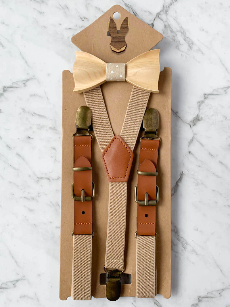Kids Oatmeal Wooden Bow Tie, Suspenders & Brooch Set