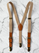 Kids Oatmeal Wooden Bow Tie, Suspenders & Brooch Set