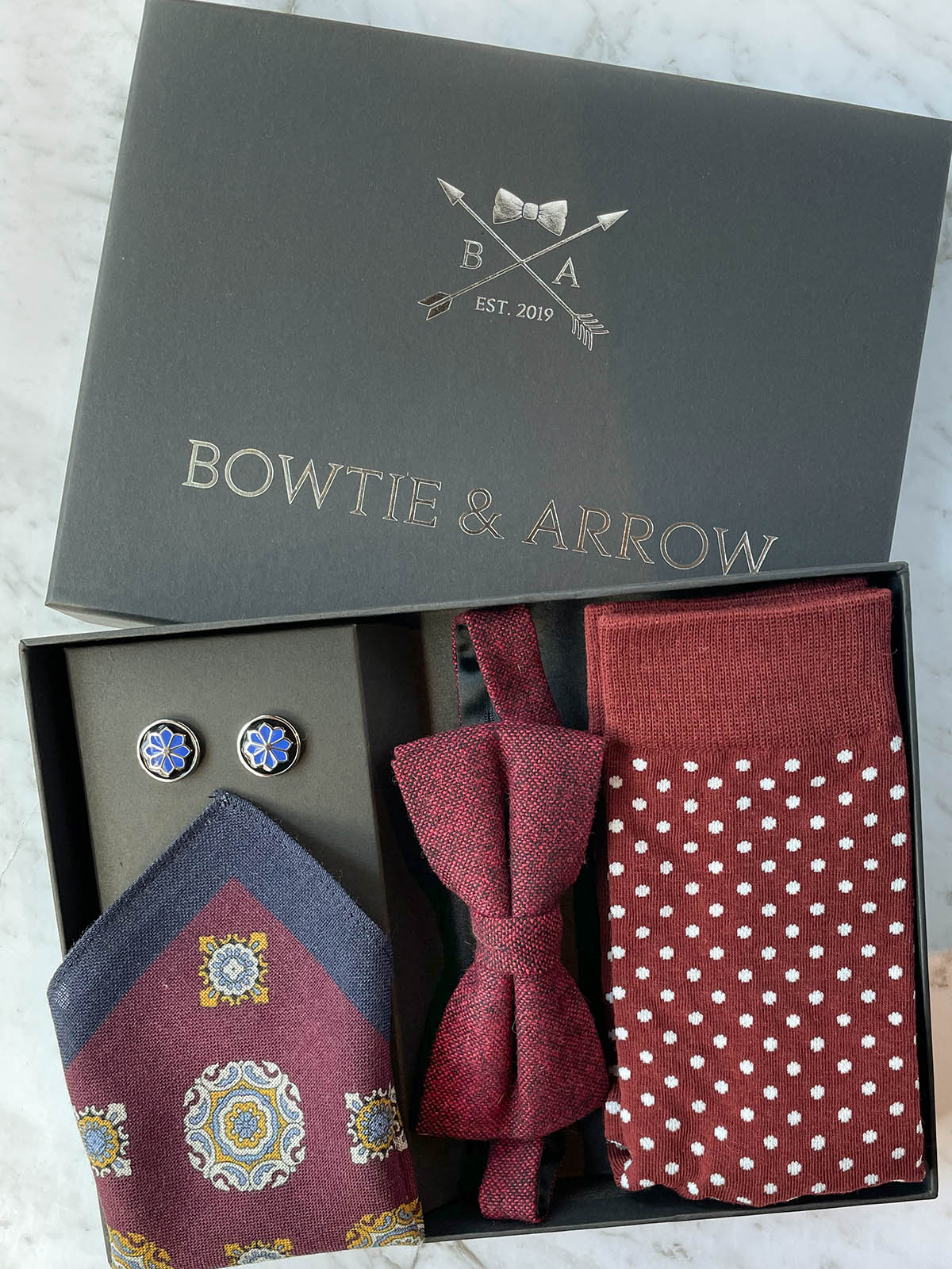 Paisley Circles Burgundy Wool Bow Tie Set
