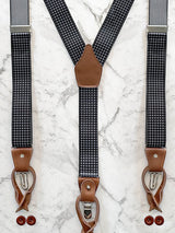 Black Diamond Leather Trim Clip/Button Convertible Suspenders