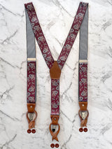 Burgundy Paisley Leather Trim Clip/Button Convertible Suspenders