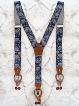 Navy Paisley Leather Trim Clip/Button Convertible Suspenders