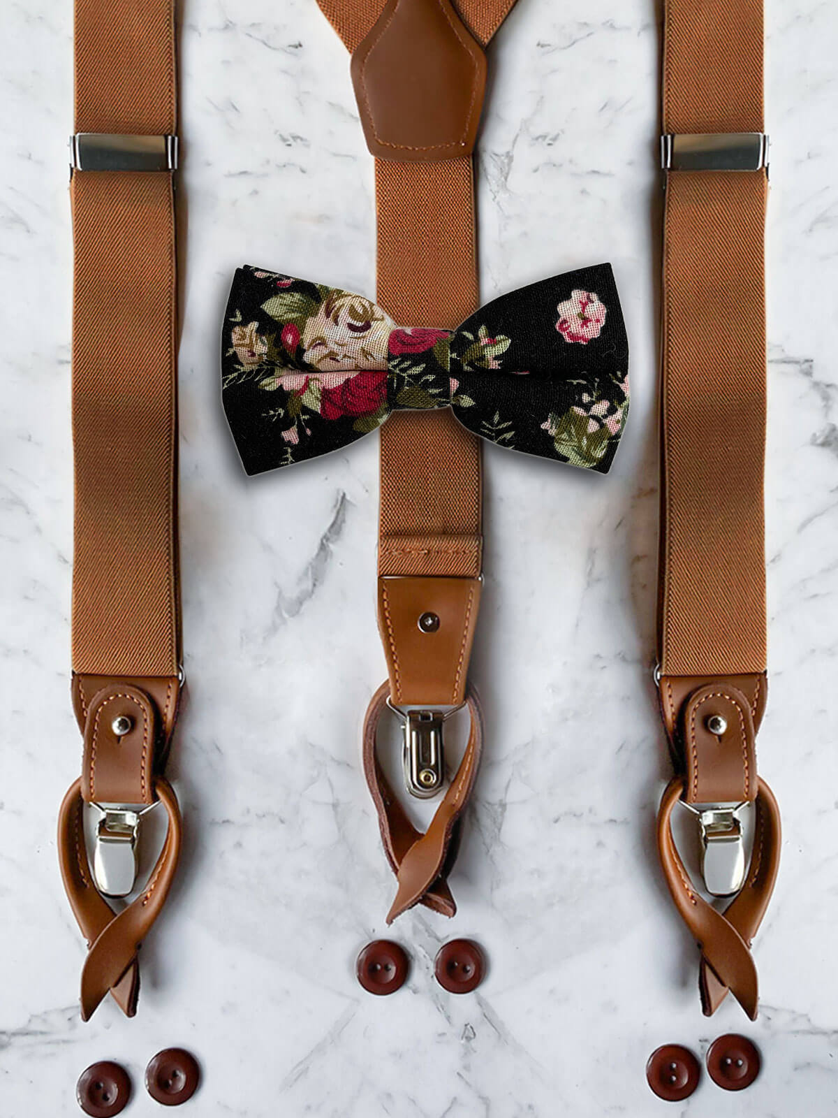Tan Leather Trim Suspenders & Linen/Cotton Floral Bow Tie Set