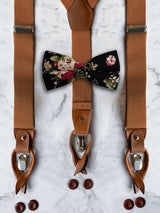 Tan Leather Trim Suspenders & Linen/Cotton Floral Bow Tie Set