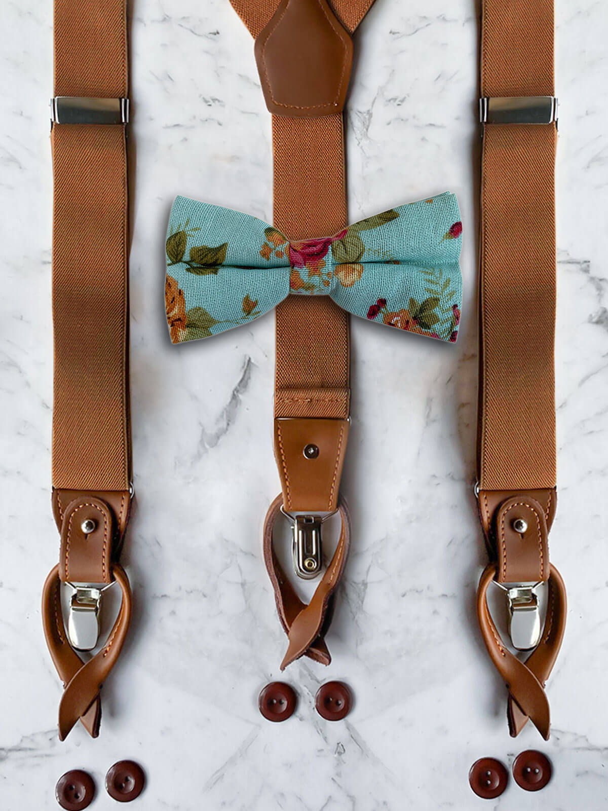 Tan Leather Trim Suspenders & Linen/Cotton Floral Bow Tie Set
