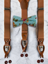 Tan Leather Trim Suspenders & Linen/Cotton Floral Bow Tie Set