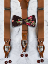 Tan Leather Trim Suspenders & Linen/Cotton Floral Bow Tie Set