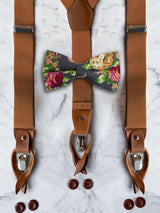 Tan Leather Trim Suspenders & Linen/Cotton Floral Bow Tie Set
