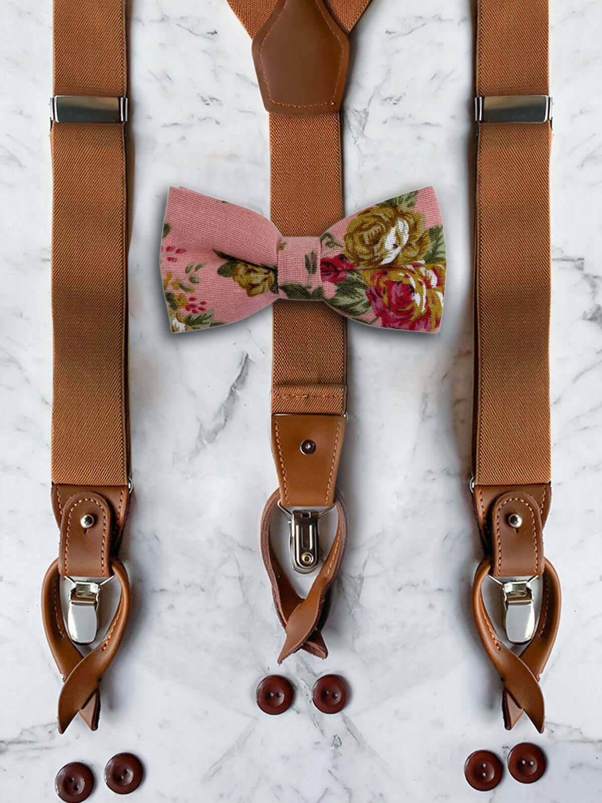 Tan Leather Trim Suspenders & Linen/Cotton Floral Bow Tie Set