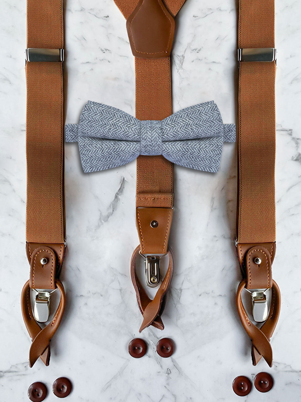 Tan Leather Trim Suspenders & Woollen Bow Tie Set