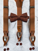 Tan Leather Trim Suspenders & Woollen Bow Tie Set