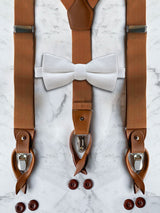 Tan Leather Trim Suspenders & Woollen Bow Tie Set