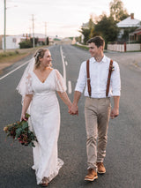 Tan Leather Trim Suspenders & Woollen Bow Tie Set