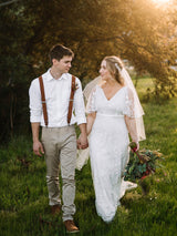 Tan Brown Leather Trim Clip/Button Convertible Suspenders