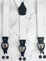 White with Black Leather Trim Clip/Button Convertible Suspenders
