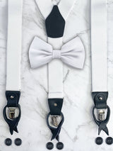 White Black Leather Trim Suspenders & Silk Bow Tie Set