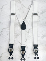White with Black Leather Trim Clip/Button Convertible Suspenders