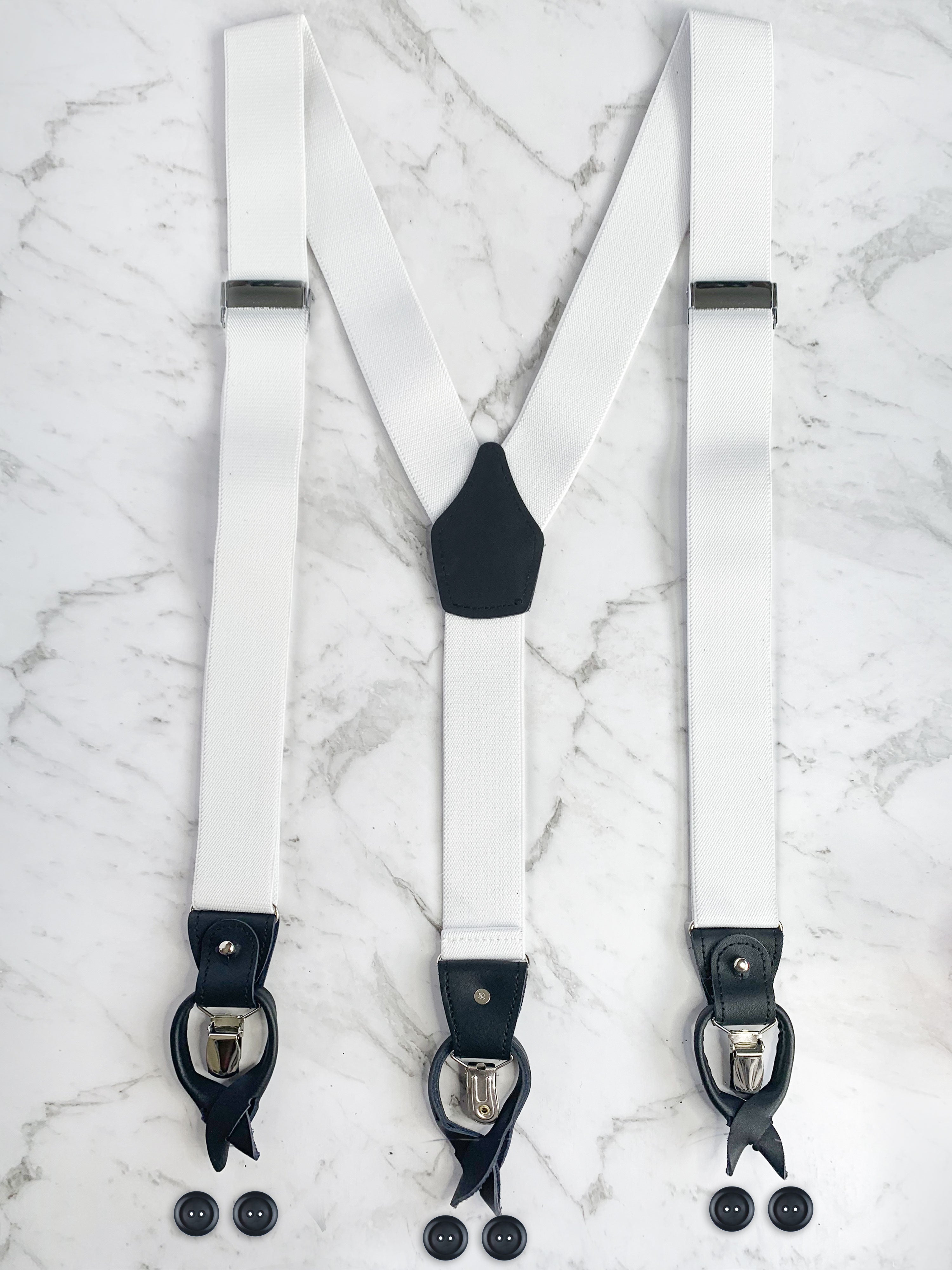 White Black Leather Trim Suspenders & Silk Bow Tie Set
