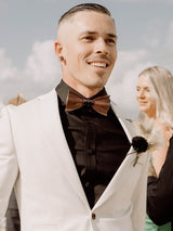 Black Leather Trim Suspenders, Wooden Bowtie & Cufflinks Set