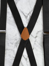 Black Leather Trim X-Back Button Suspenders
