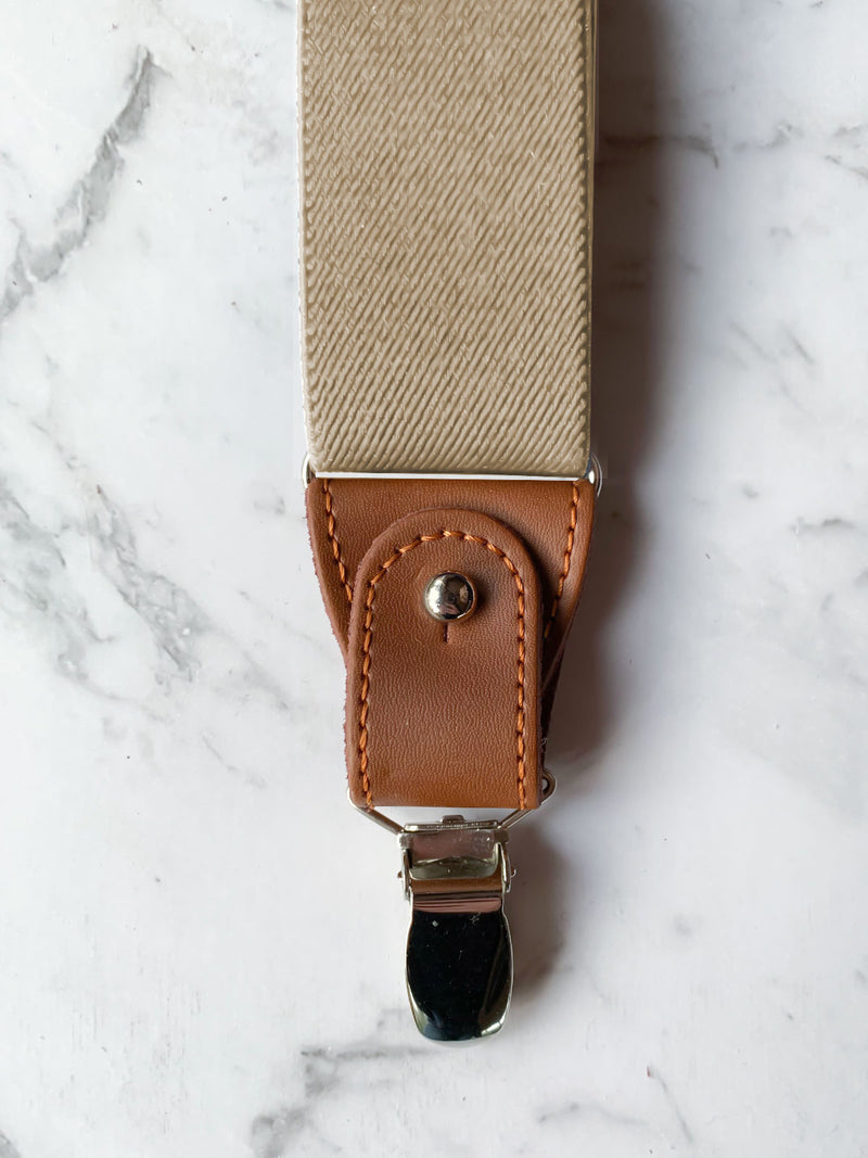 Oatmeal Leather Trim Clip/Button Convertible Suspenders
