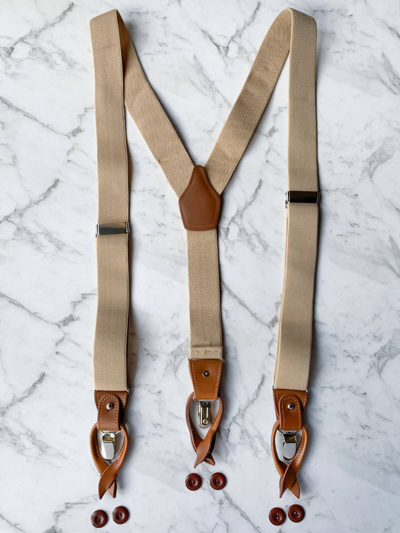 Oatmeal Leather Trim Suspenders, Wooden Bowtie & Cufflinks Set