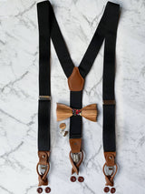 Black Leather Trim Suspenders, Wooden Bowtie & Cufflinks Set