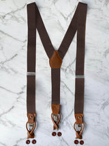 Chocolate Leather Trim Suspenders & Linen/Cotton Floral Bow Tie Set