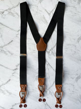 Black Leather Trim Suspenders & Woollen Bow Tie Set