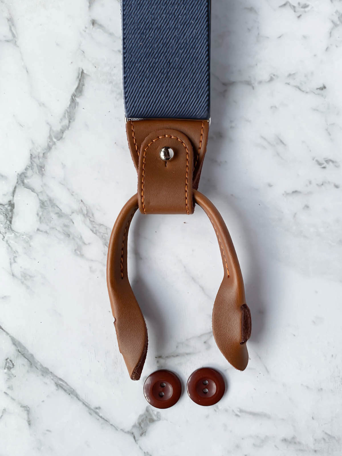 Blue Grey Leather Trim Suspenders, Wooden Bow Tie & Cufflinks Set