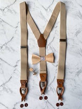 Oatmeal Leather Trim Suspenders, Wooden Bowtie & Cufflinks Set